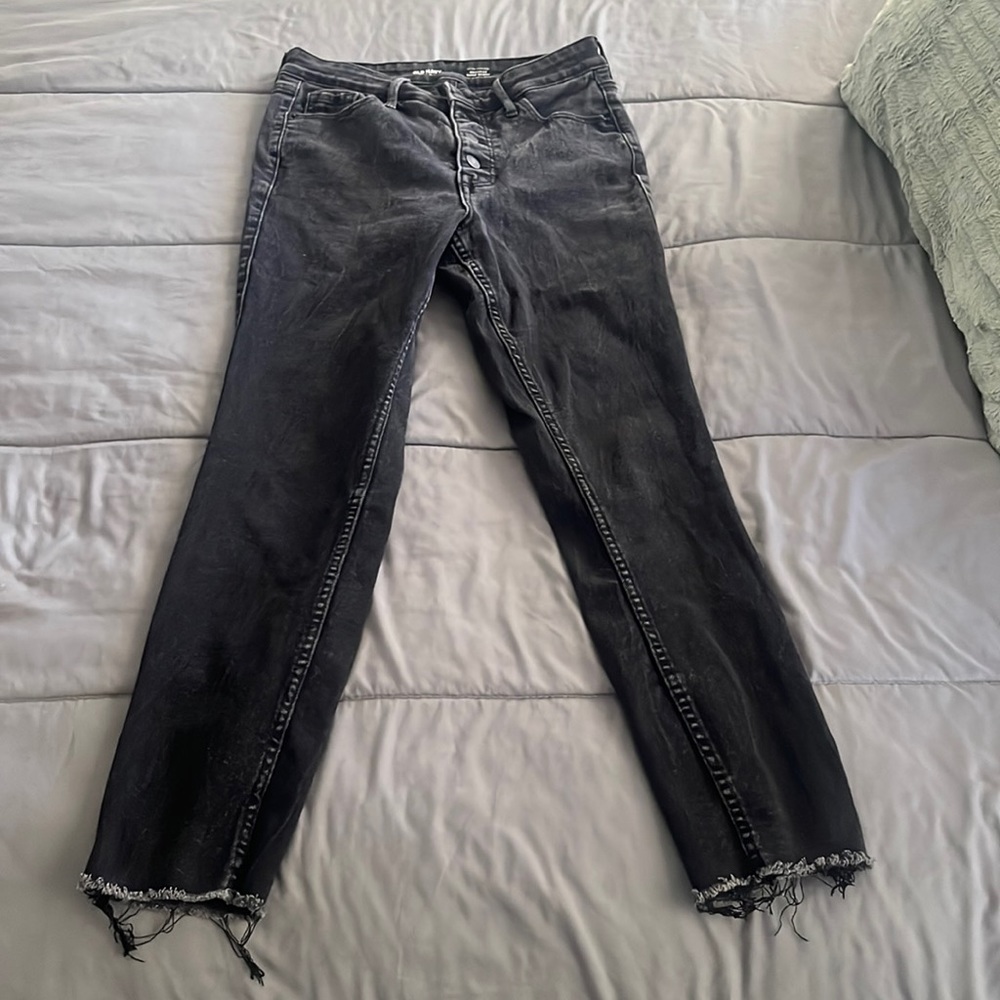 Faded black jeans, butterfly button, old navy